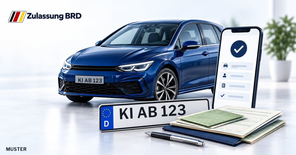 Online Fahrzeugzulassung in Kiel: Musterkennzeichen KI AB 123, Auto und Fahrzeugpapiere und Smartphone. Illustration mit Logo von Zulassung BRD.